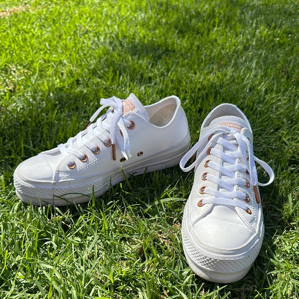 White Rose Gold Platform Converse Leather Sneakers 7.5